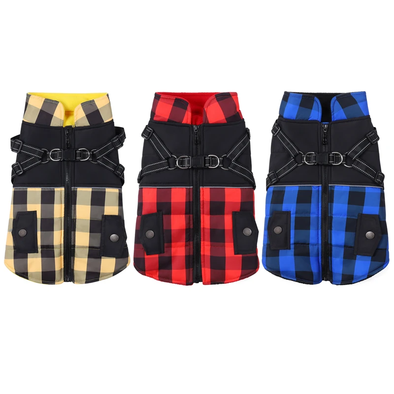 

Warm Dog Coat with Harness Winter Dog Jacket British Style Plaid Dog Clothes Pet Dog Cold Weather Coats Cozy Snow Jacket Vest