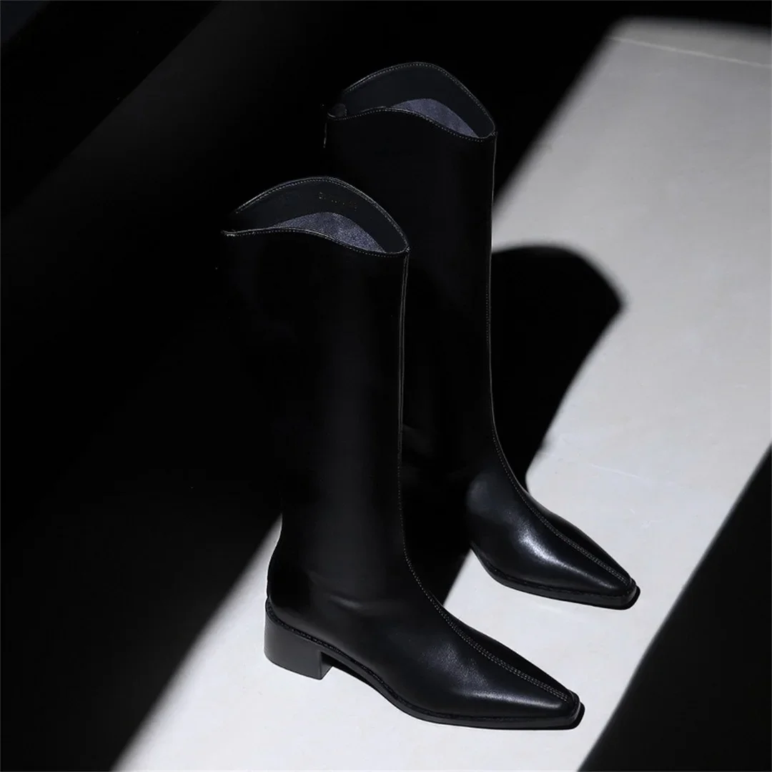 Winter Black Knee-High Boot Shoes For Woman Point Toe Square Heel Long Boots Women's Waterproof Faux Leather Back Zip Thigh Boot