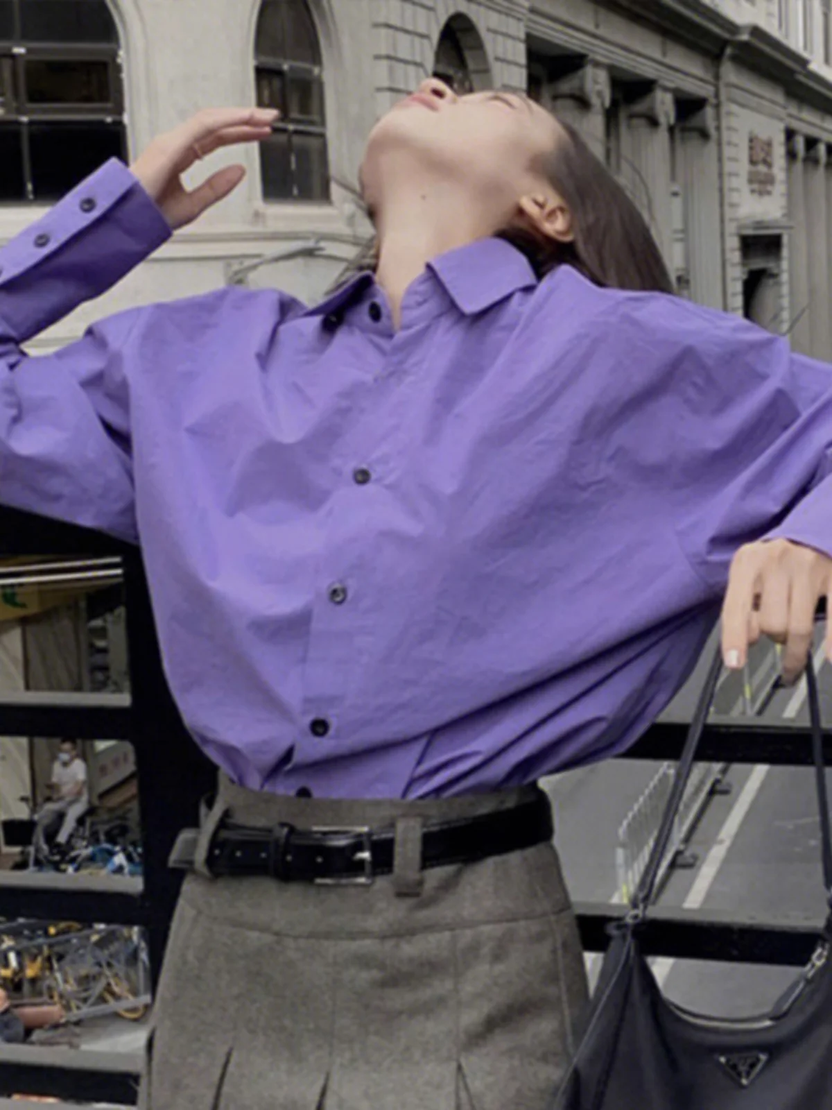

Ele Purple irt Women's Chic Long Sve Loose Faionable Autumn Top Korean Sle Collar Button Detail