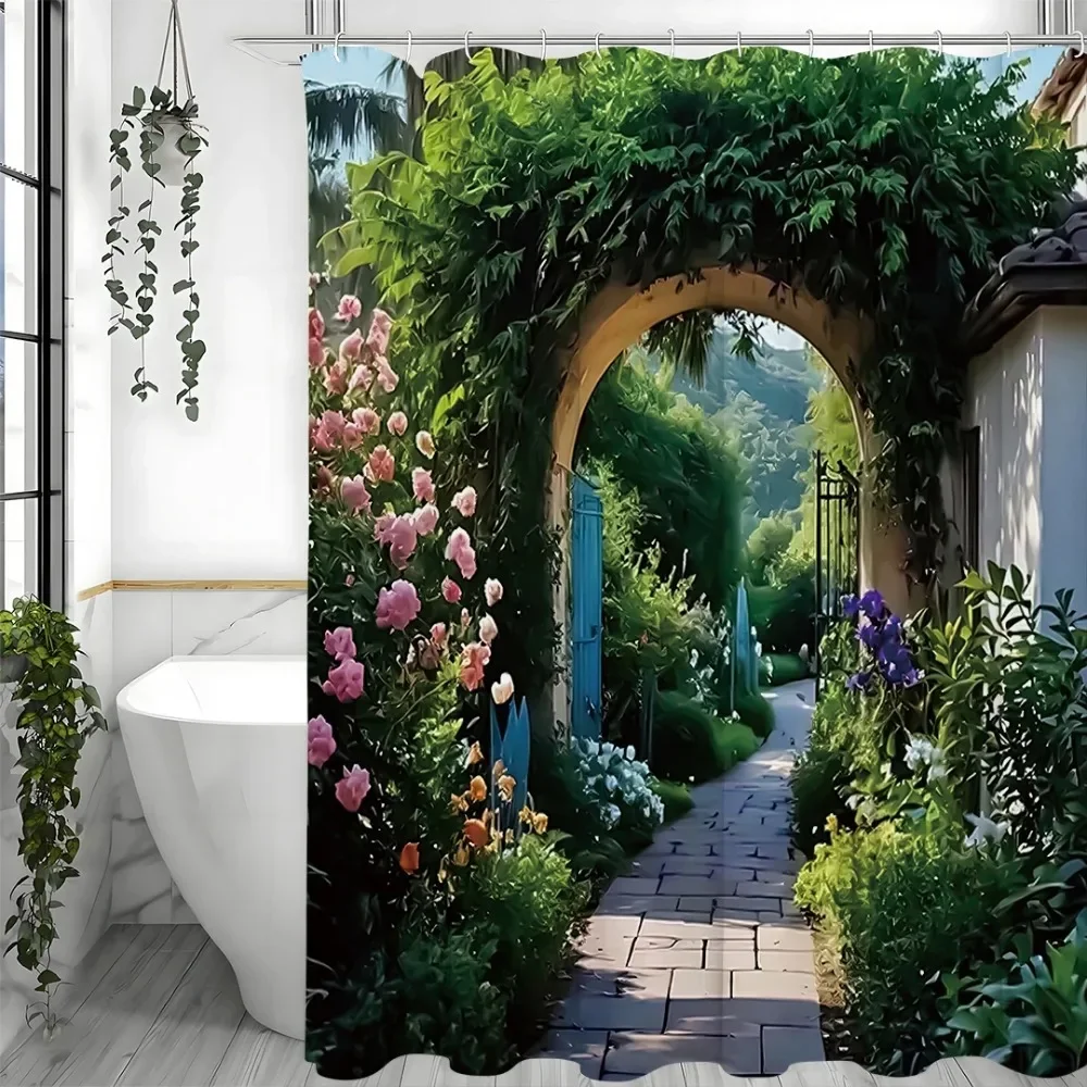 Vibrant Floral and Green Design Rustic Rustic Shower Curtain, Bathroom Decorative Shower Curtain, Waterproof Shower Curtain with