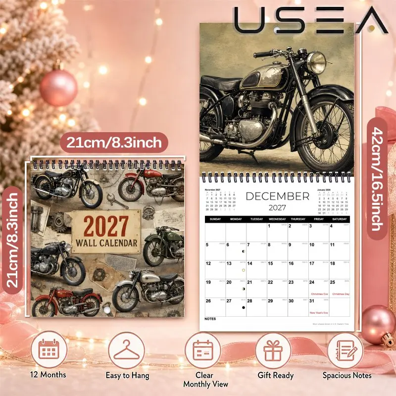 2027 Wall Calendar,Vintage Motorcycle Themed ,Large Writable Blocks, US Federal Holidays, Aesthetic Decor & Holiday Gift