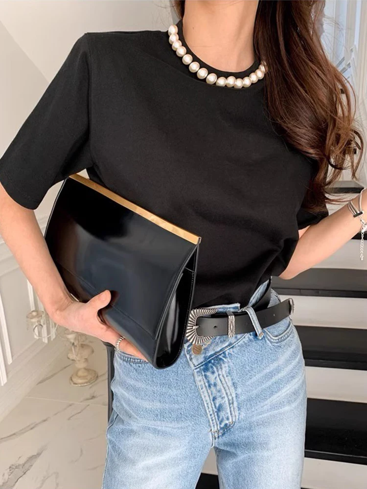 

Y2k жемчужный черный топ с короткими рукавами и круглым вырезом для женщин, новинка лета 2022, футболки с низом, простая универсальная свободная футболка