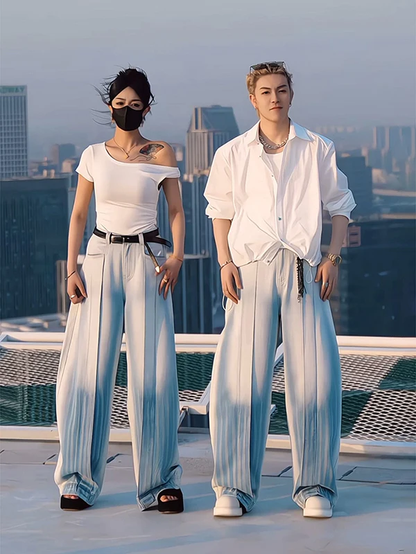 

Blue Dyed Patchwork Jeans Men Summer Thin Retro Waed Knife Wide Leg Pants American High Street Couple Loose Leg Trousers