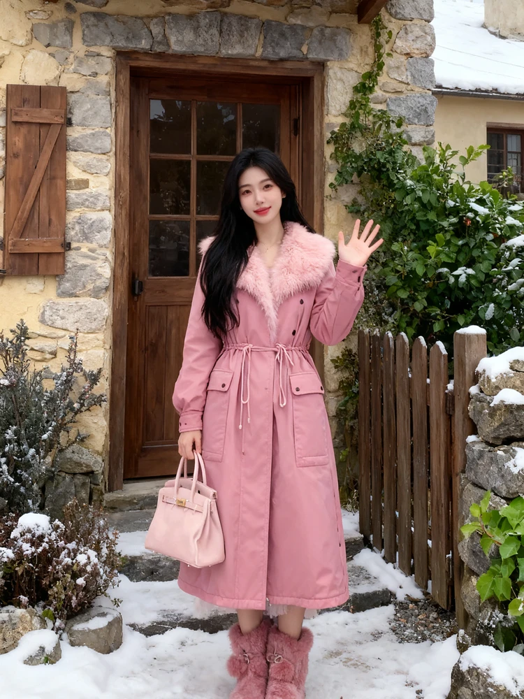 

Корейское женское длинное пальто из искусственного меха, однотонное, теплое, средней длины, с поясом на талии, модная зимняя верхняя одежда