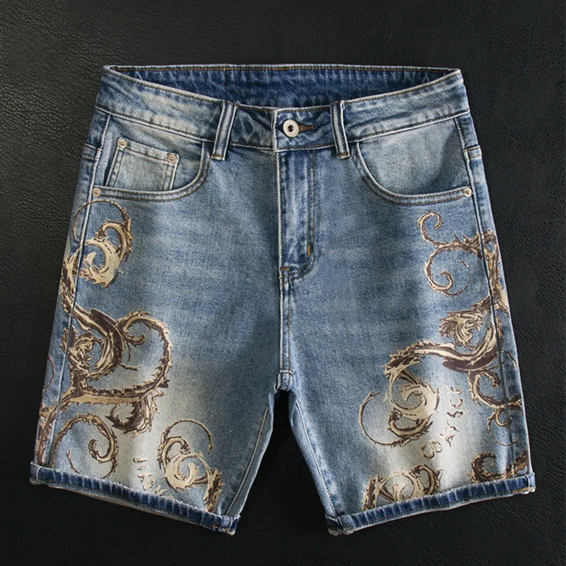 Pantalones cortos de mezclilla elásticos personalizados de moda para hombre, pantalones cortos de mezclilla estampados delgados de verano para hombre, corte ajustado, Moda Hombre