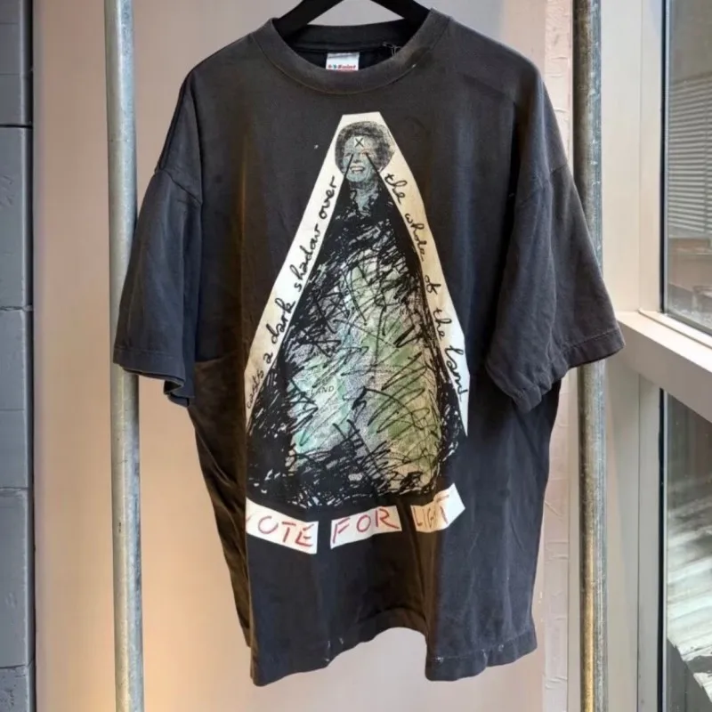 Triangle Graffiti Pattern Colorful Letter Print SAINT Tshirts Summer Street Outfit Men Women Washed Black Short Sleeve Tops