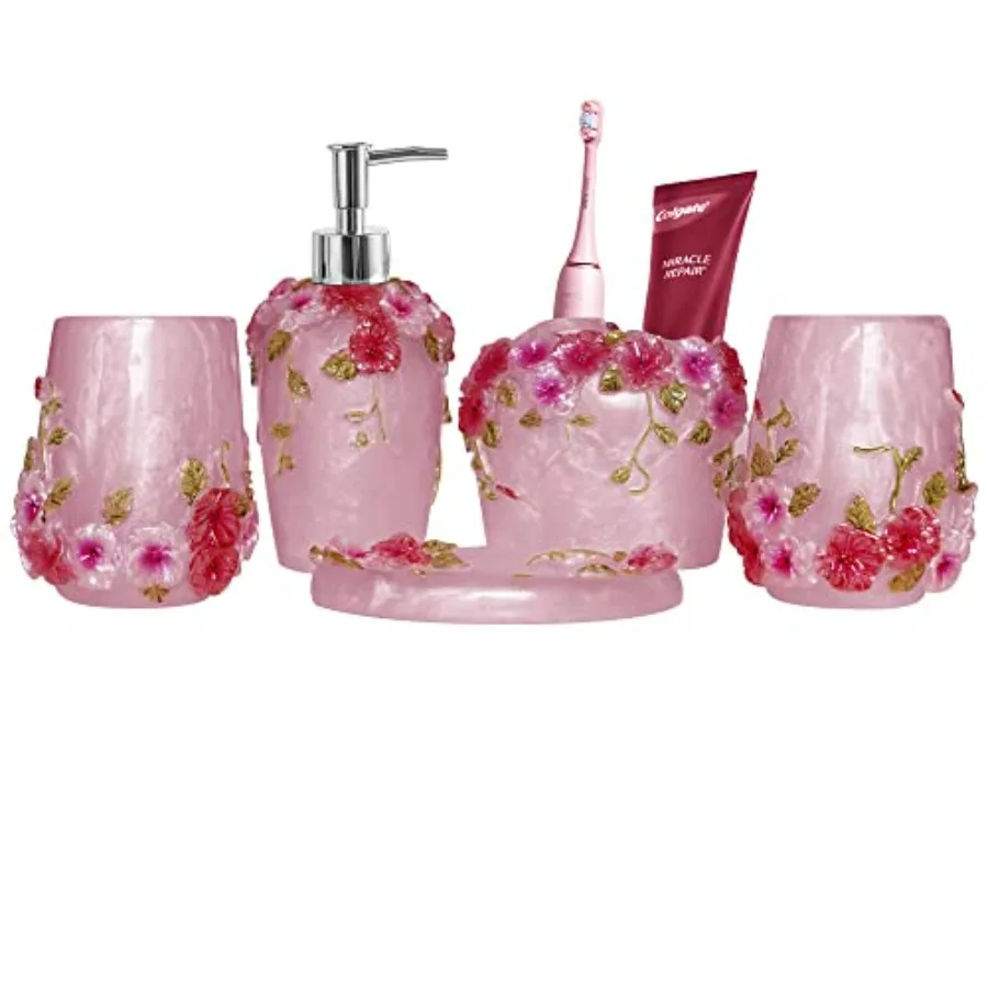 

Vintage Pink Bathroom Accessories 5Piece Set with Soap Dispenser Toothbrush Holder Tumbler Soap Dish for Modern Bathrooms - Pin