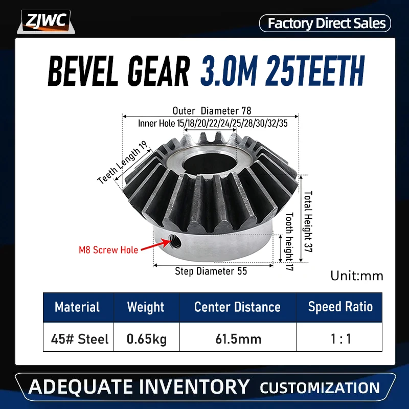 Bevel Gear 3Mod 25Teeth Keway Bore 15/18/20/22/24/25/28/30/32/35mm 90 Degree Drive Commutation Carbon Steel Gear With Screy