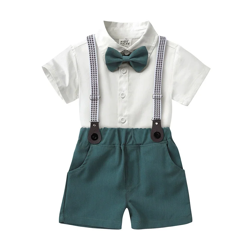 2PCS Baby Infant Boy Clothes Set Print Short  Sleeve with Bow+Shoulder Strap Pant Birthday for Kid 0-10 Years Gentleman Suit