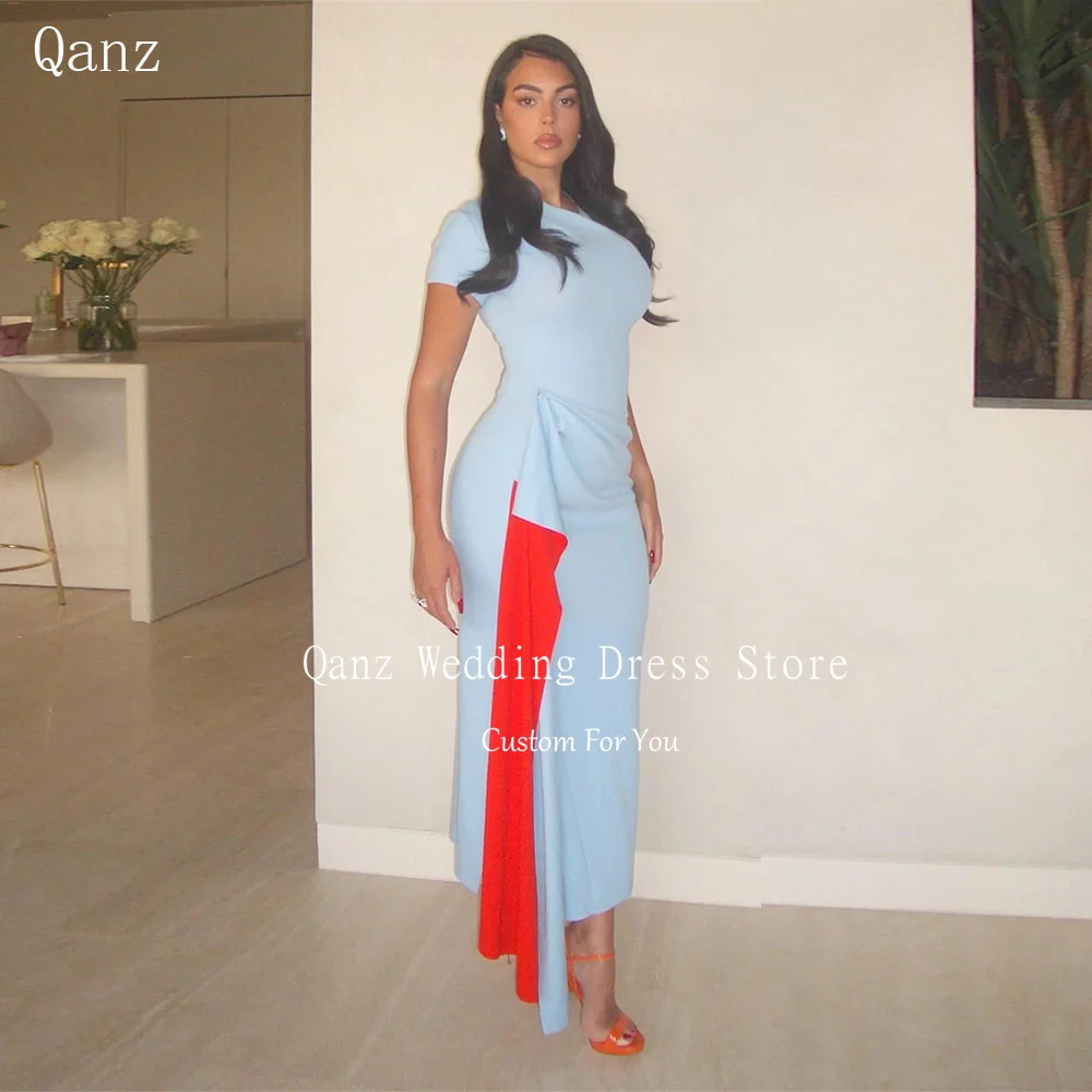 

Qanz Saudi Arabia Prom Dress Sky Blue Satin Vestidos De Fiesta Elegantes Mermaid Short Sleeves Formal Evening Dresses Customized