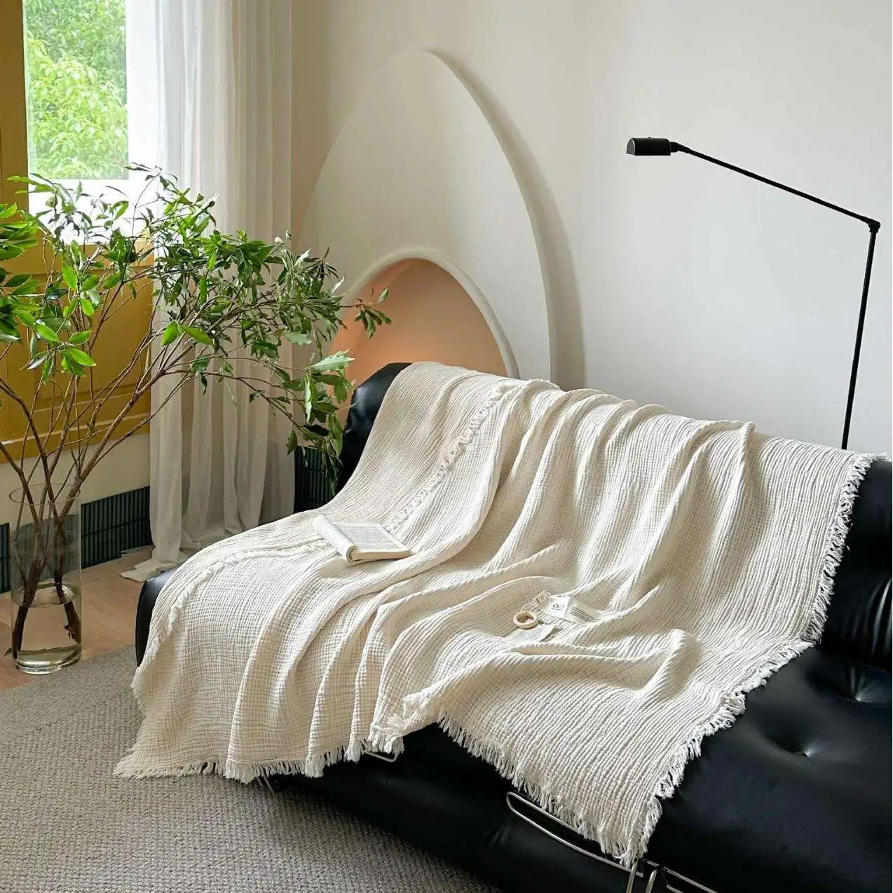Simple Cotton Linen Fringed Blanket Breathable Cover Office Nap Blanket Home Sofa Airplane Lightweight Soft  Color Blanket