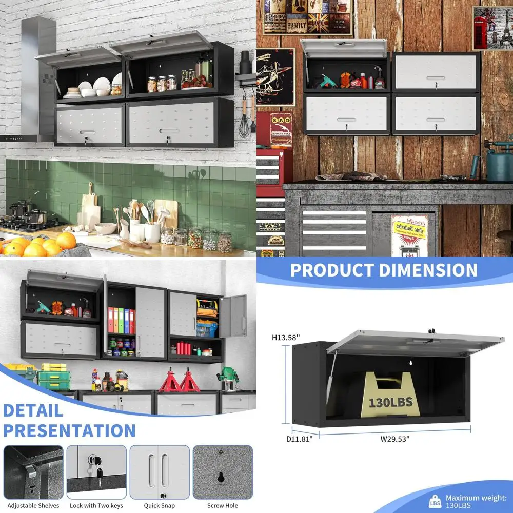 

Wall-Mounted Lockable Metal Cabinet with Hinged Door for Garage and Utility Rooms - Black & Grey