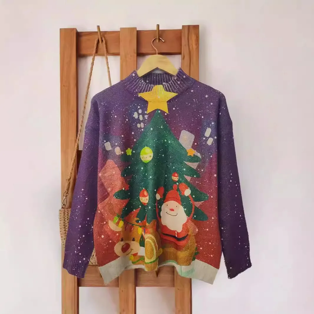 Beautiful Winter Pullover, Fashionable And Cute Santa Claus Printed Sweater, Small Stand Collar Patchwork Mink Sweater