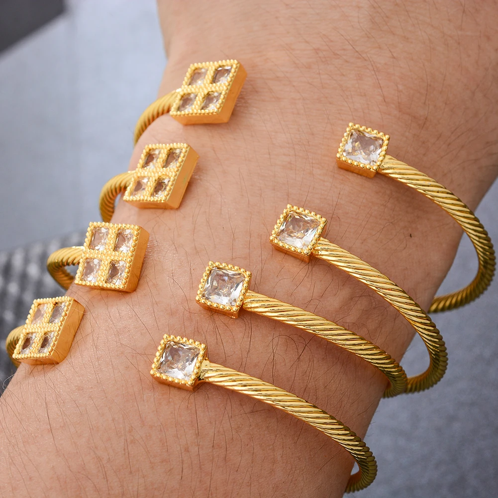 4pcs/Lot Bangle Zircon Bangles Bracelet Gold Color Heart Indian Free Size African 24k Dubai Women Wedding Party Gifts