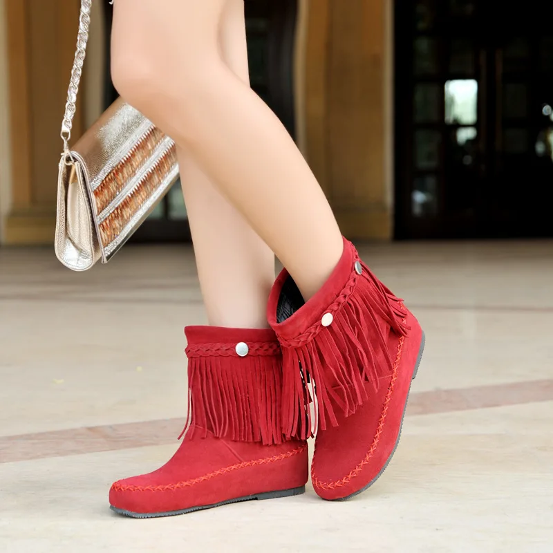 Bohemian Ankle Boots for Women Tassel Fringe Faux Suede Leather Short Boots Inside Height-increasing Shoes Flat Booties WSH5018