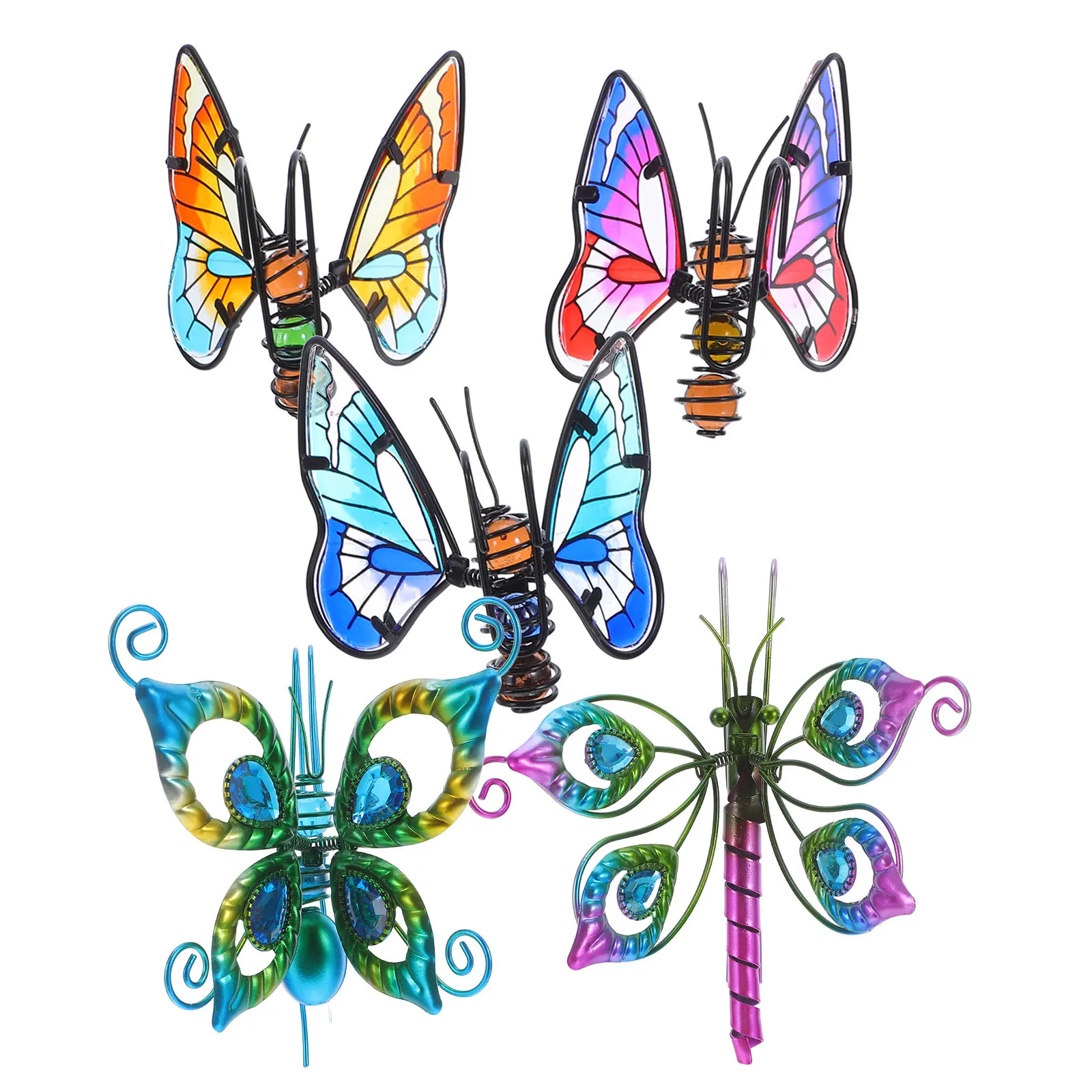5Pcs Butterfly Hanging Plant Pot Decorations Stained Glass Dragonfly Metal Ornaments Garden Balcony Indoor Bonsai Plant Decor