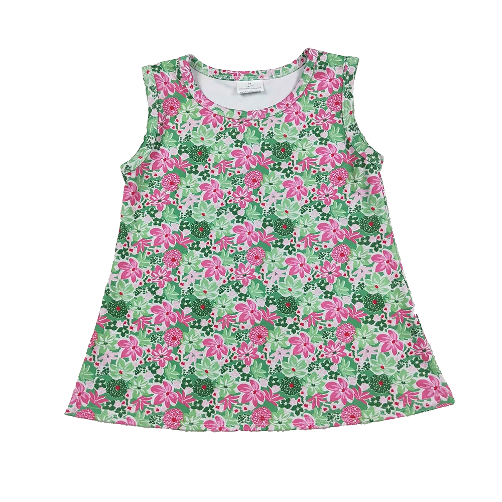 

Kids Girls Sleeveless Top Pink Green Floral Print Activewear Comfortable Soft Polyester Sporty Summer Fashionable Design