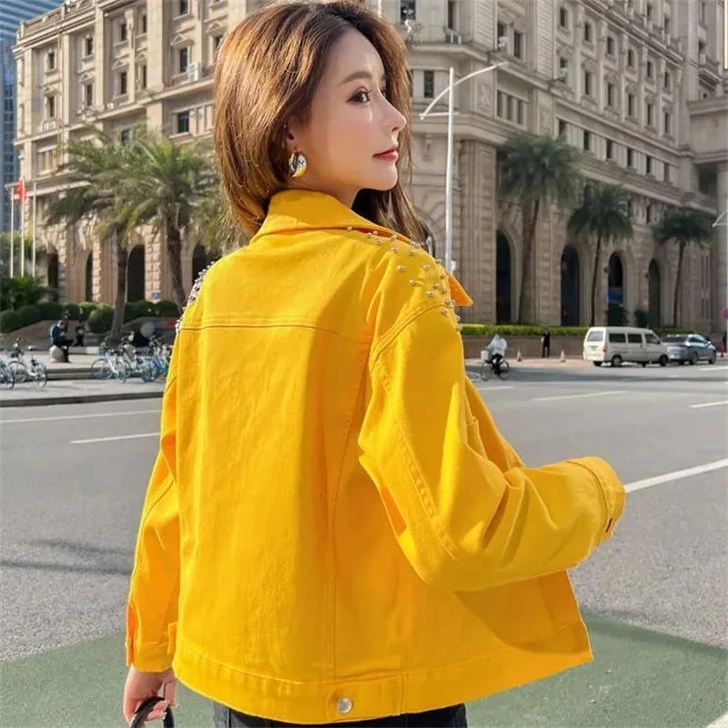 2023 Cores Doces Denim Jaqueta Curta Mulheres Rebite Applique Jean Casaco Estudante Outerwear Rosa-vermelho Amarelo Verde Rosa Loose Top Coats