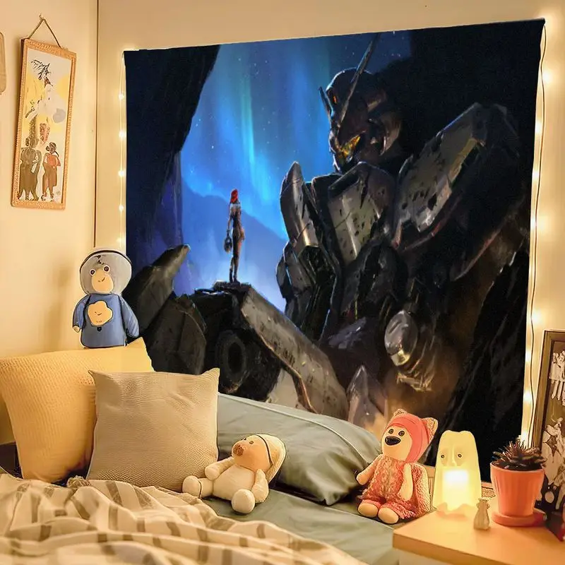 1개 대형 장갑 로봇 & 빨간 머리 인간 별이 빛나는 밤 공상과학 태피스트리, 오로라 암석 표면 벽 장식, 창의적인 작품에 적합
