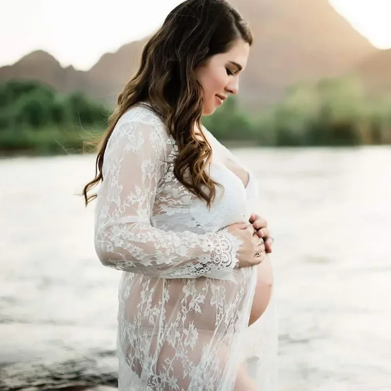 Pregnancy Photography Lace Dress White See-Through Maxi Dress Long Sleeve V-Neck Split Front Maternity Dresses for Photo Shoot