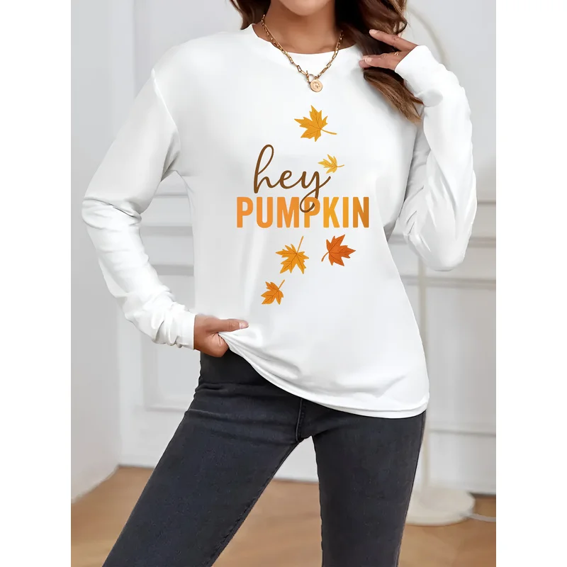 Women Long Sleeve T-shirt Hey Pumpkin Maple Leaf Letter Print Crew Neck Casual Tee
