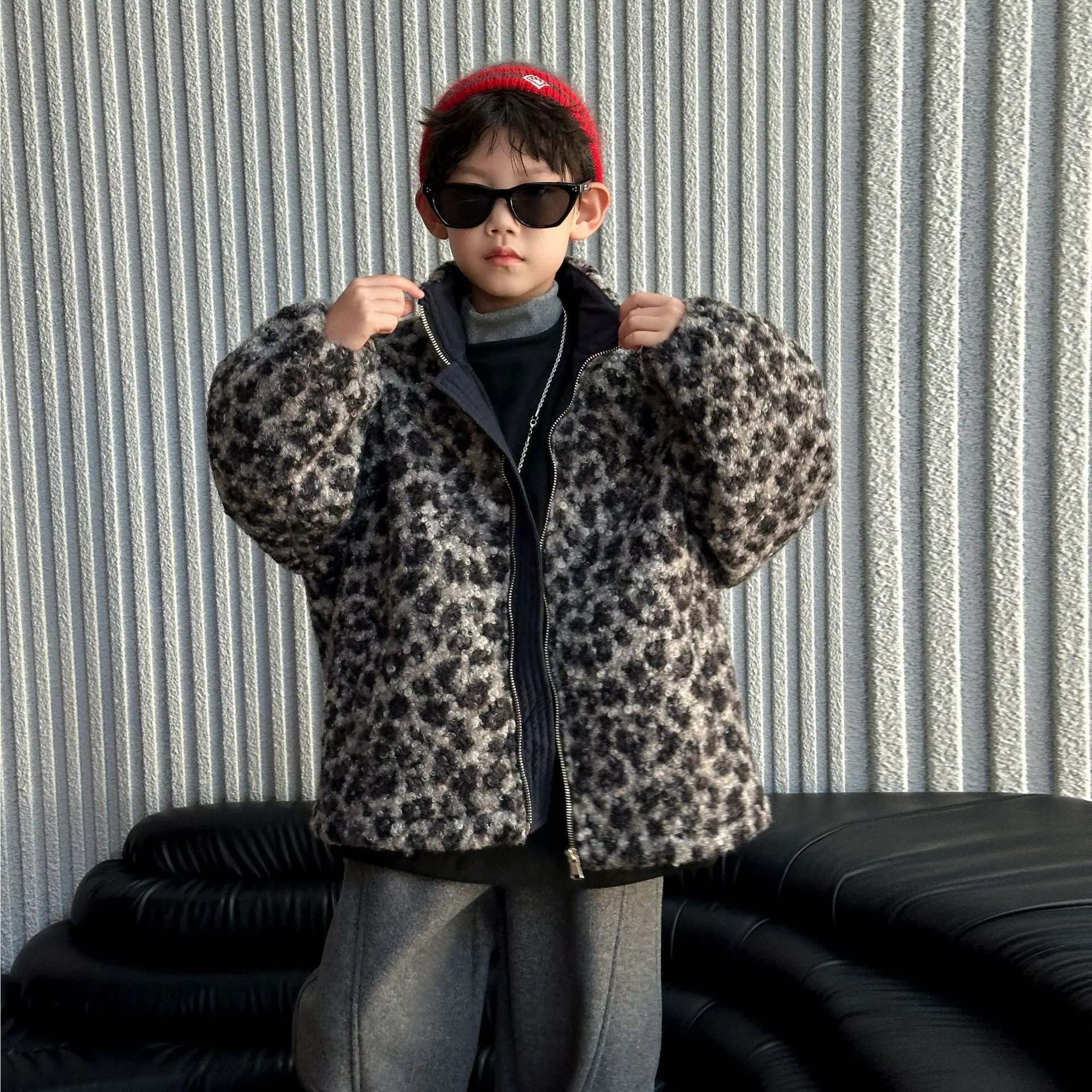 Children Boys Winter Woolen Coat Leopard Warm Padded Outwear Coat For Young Teenagers Boys Turtleneck Zipper Kids Boys Jackets