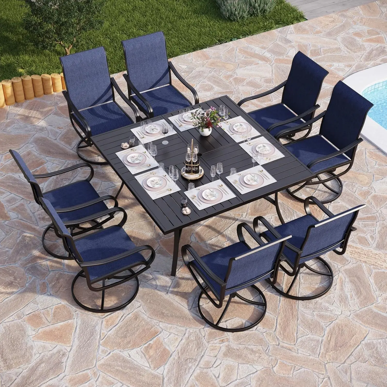 

Outdoor Patio Dining Set, Large Square Metal Dining Table and Outdoor Swivel Dining Chairs, Patio Table and Chair Furniture