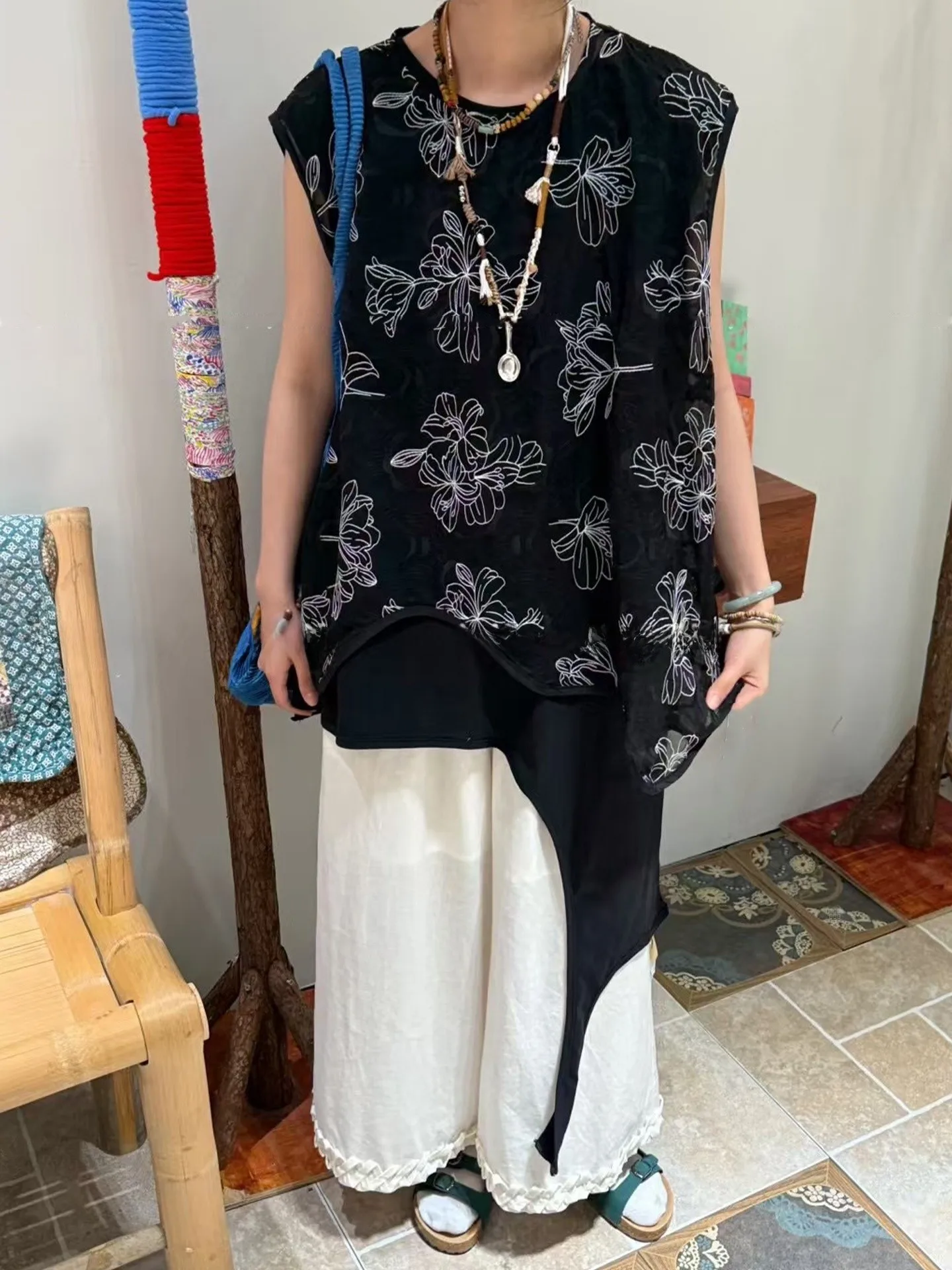 

Summer Japanese Sle Loose Fit Pants Elastic Waist Floral Lace Hemline plus Size Women's Clothing Pink White Linen Trousers