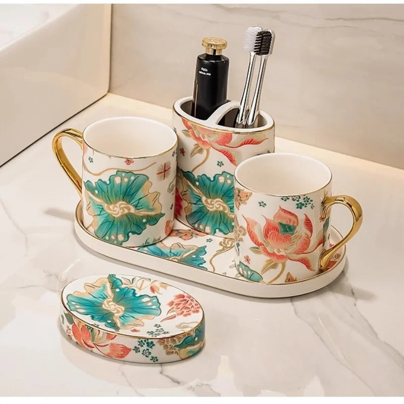 China-Chic Blue and White Ceramic Mouthwash Cup Set Household Toilet Couple Tooth Brush Cup Wash Set Bathroom Decor