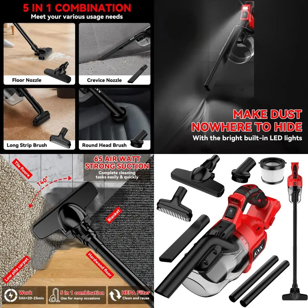 

Беспроводной ручной пылесос 5-в-1 мощностью 500 Вт с HEPA-фильтрацией для пола, ковров и автомобилей