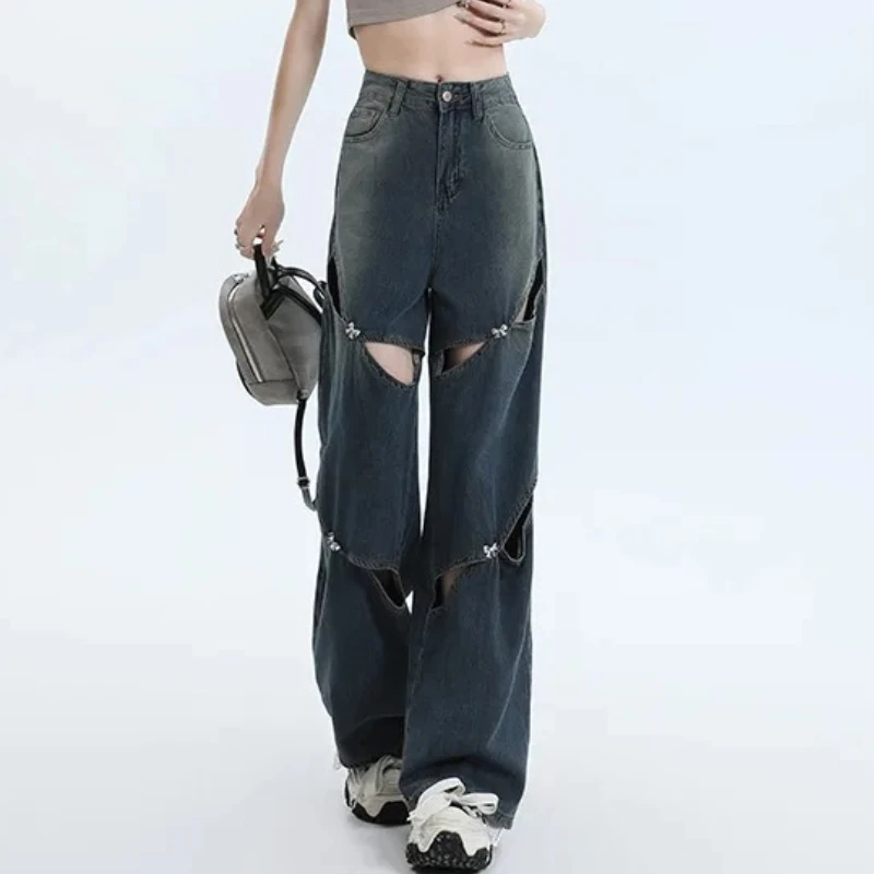

Женские летние джинсы в американском стиле ретро, популярные джинсовые брюки с рваными дырками и широкими штанинами для девочек, тонкие дышащие полые прямые брюки со шваброй