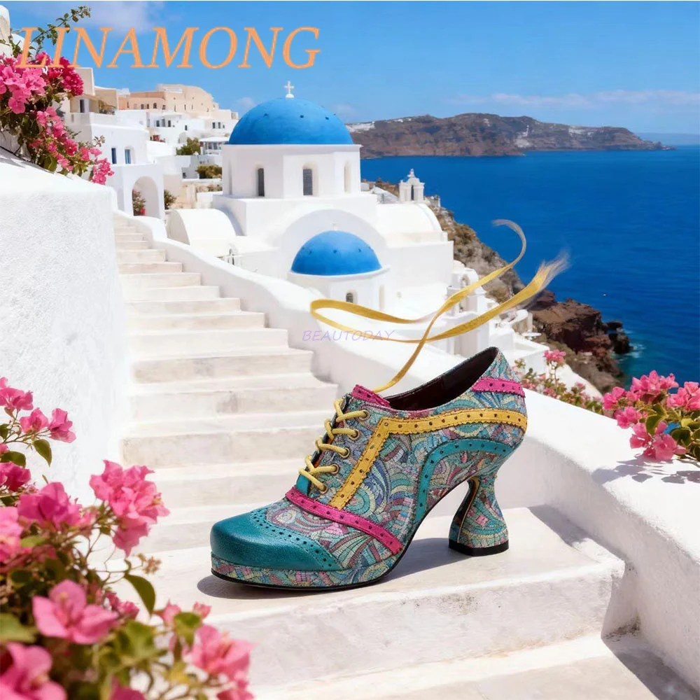 

Color Blocked Printing Wine Glass Heel Pump Craft Fabric Leather Splicing Lace Up Side Zipper Design Round Toe High Heels