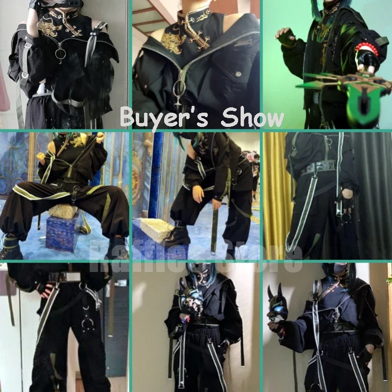 زي تأثيري Genshin تأثير Xiao ، مجموعة ارتداء اليومي ، قناع أسود ، شعر مستعار ، دوجين ، مشتق ، قناع ، بنطلون