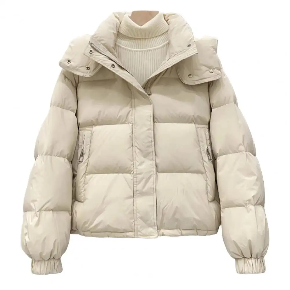 Women's Winter Cotton Coat With Hat Padded Short Zipper Pocket Elastic Cuffs Solid Color Women's Down Jacket