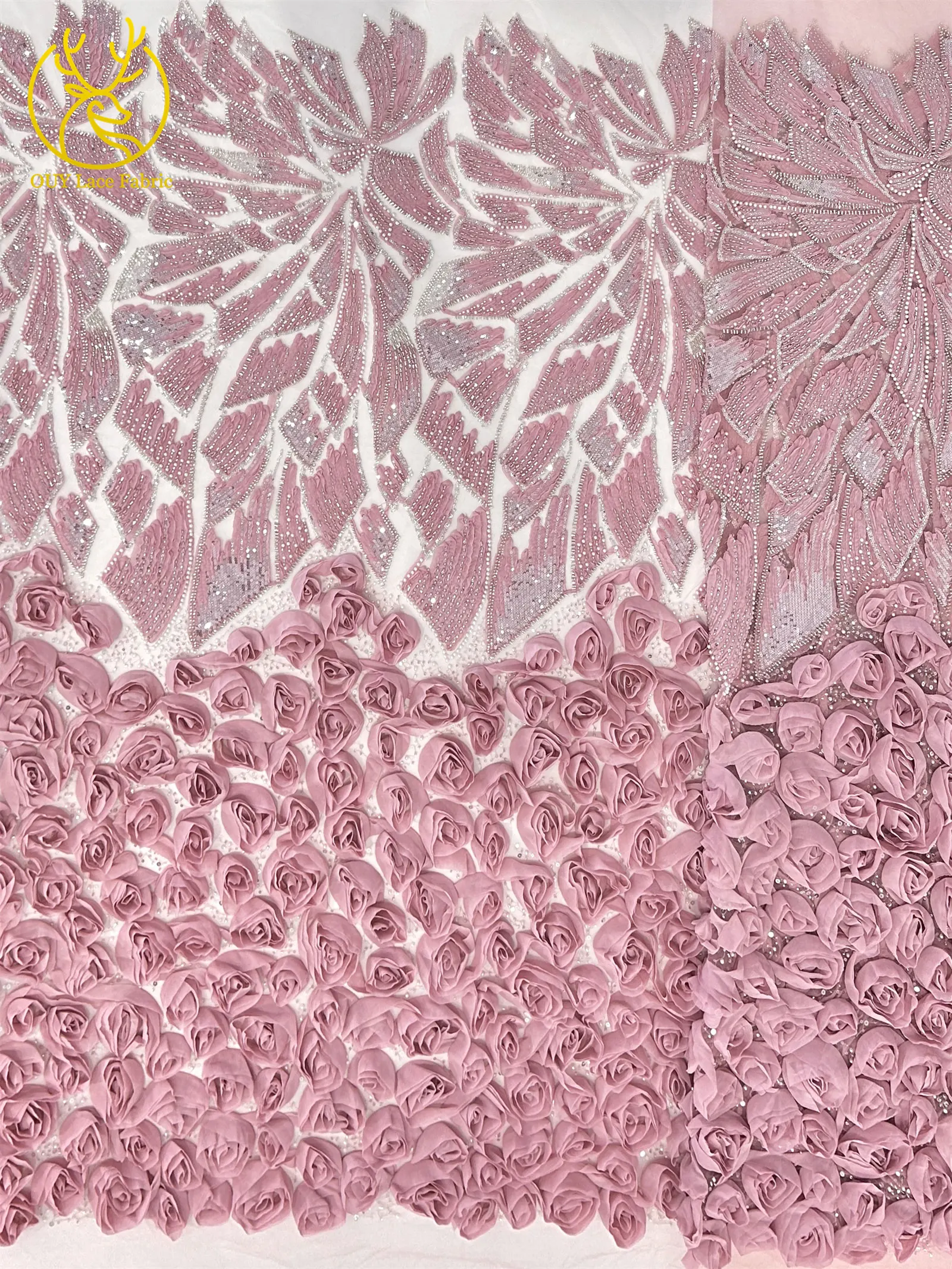 Rosa 3D Mode-Mesh-Tüll-Spitzenstoff 2026 Nigerianischer Perlen-Pailletten-Spitzenstoff für Damen Hochzeits- und Abendkleider zum Nähen 5 Yards – Detail 14