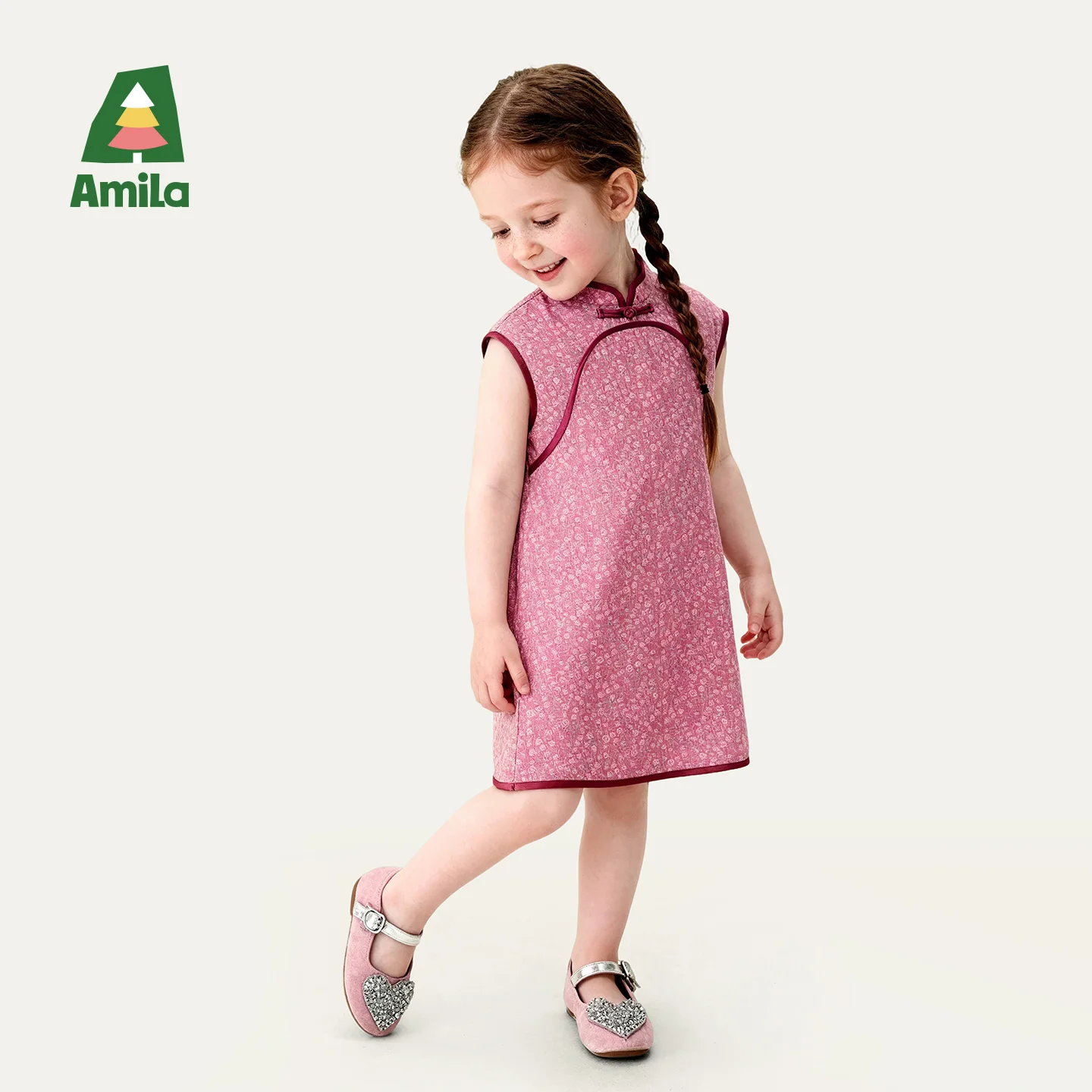 Amila 2026 Summer New Girls' Dress, New Chinese Style Retro Pattern Pan Buckle Stand Up Collar Cheongsam Skirt
