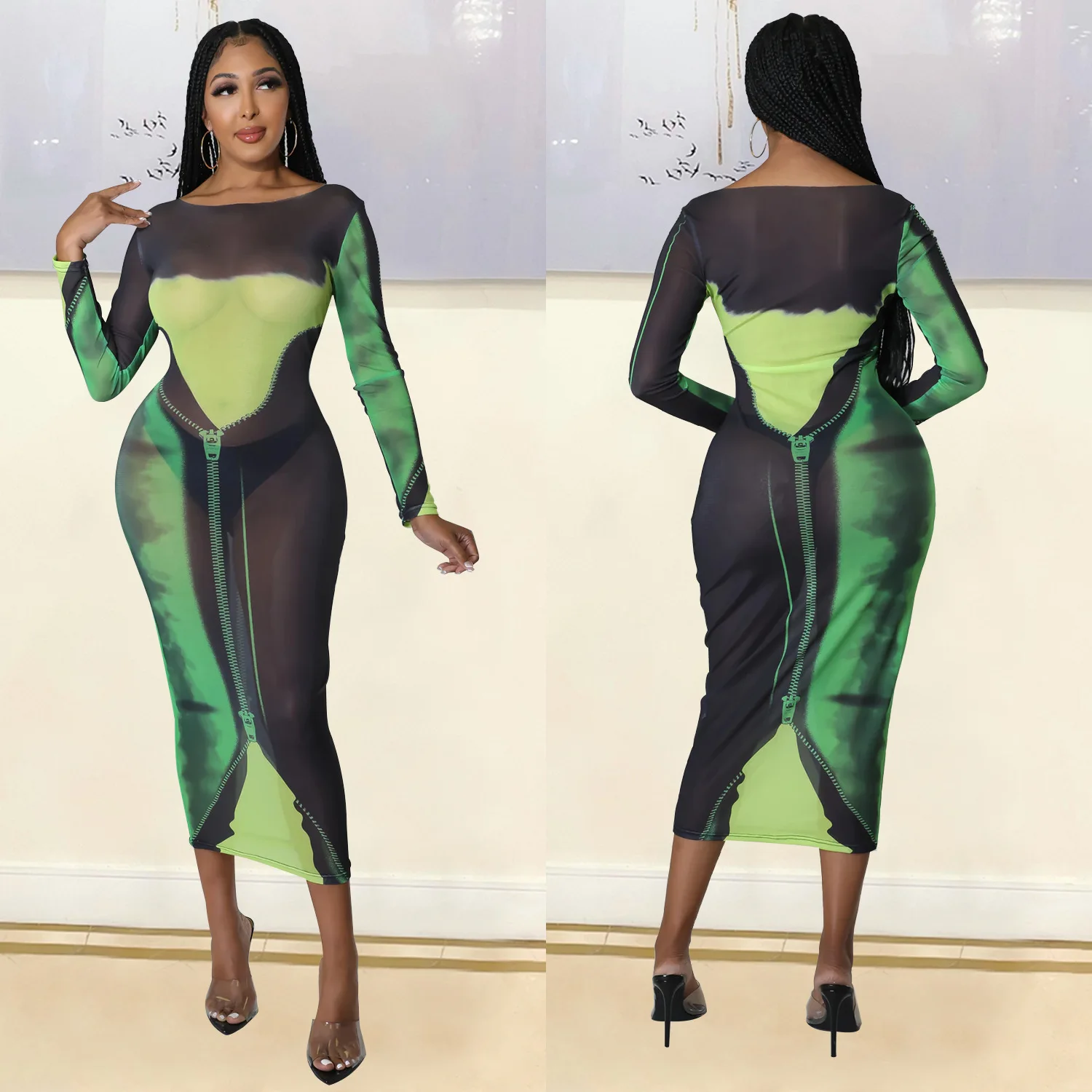 

SKMY 2026 Summer New Arrivals Women Clothing Fashion Printed Sexy Party Clubwear Mesh Dress Long Sleeve Ladies Midi Dresses
