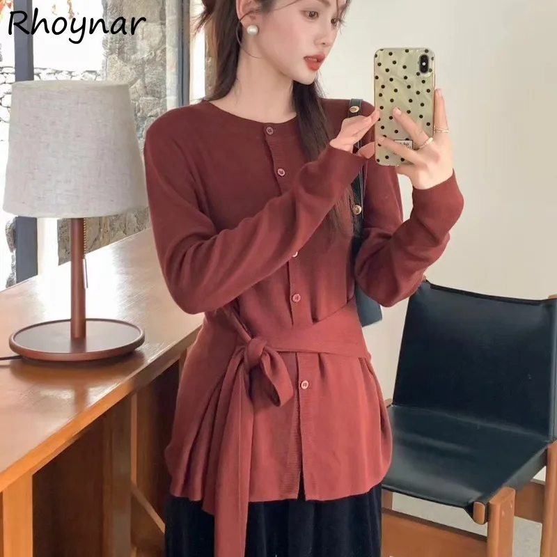 

Cardigans Women Solid Simple All-match Single Breasted Bandage Tighten Waist Tender Knitted Sweater Baggy Ulzzang Ins