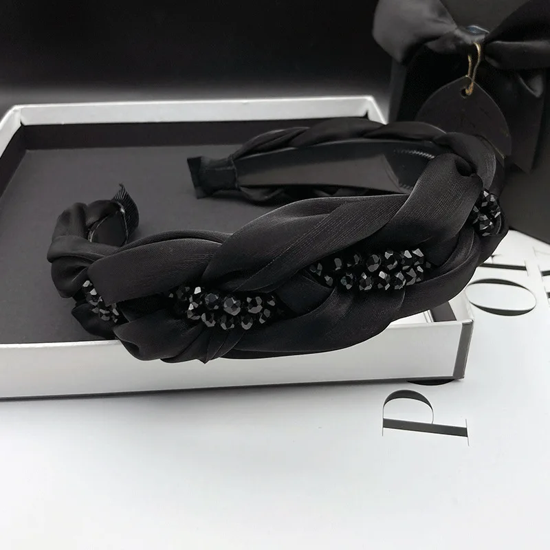 New organza braided headband black crystal hairband wide edge non-slip hair accessories