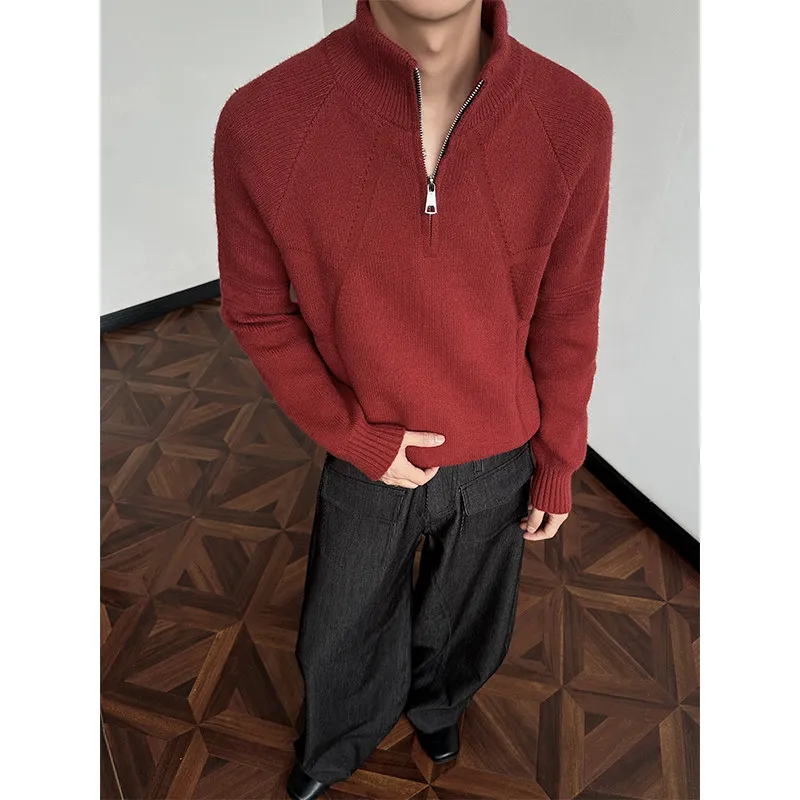 

Мужской вязаный свитер свободного кроя на молнии, плотный, с воротником-стойкой, повседневная красная верхняя одежда, удобное зимнее пальто из полиэфирного волокна
