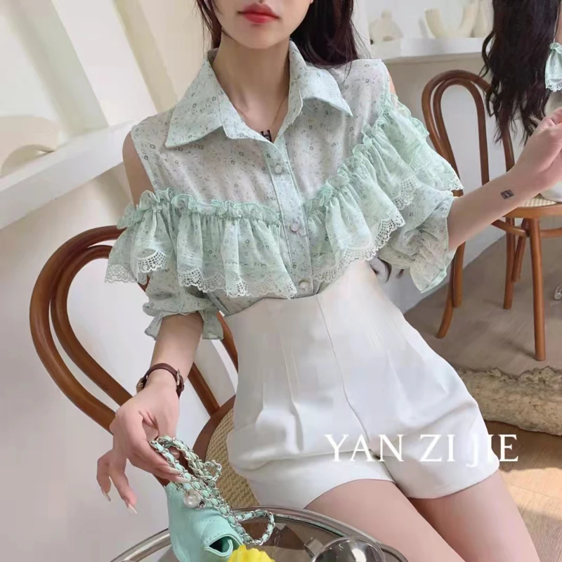 

Fashion Sweet Lace Blouse Ruffles Off-shoulder Top Women Short Sleeve Shirt Summer Hollow Out Stand Collar Button Clothes Blusas