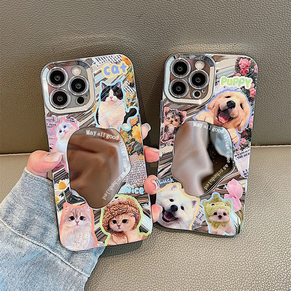 

Luxury Make UP Mirror Wave Phone Case For iPhone 13 11 16 Pro Max 14 15 12 16promax 15promax Dog Cat Animals Painted Cover Funda