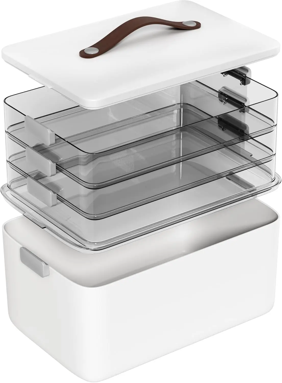 

4-Tier Medicine Organizer Storage Box, Portable Latch Bin with Lid and Leather Handle, Cabinet Closet Organization for Home O