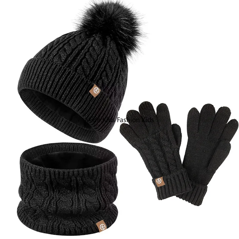 Gorro de lana tejido para niños medianos y grandes de invierno, bufanda, guantes, traje combinado de gorro cálido acolchado de tres piezas para niños