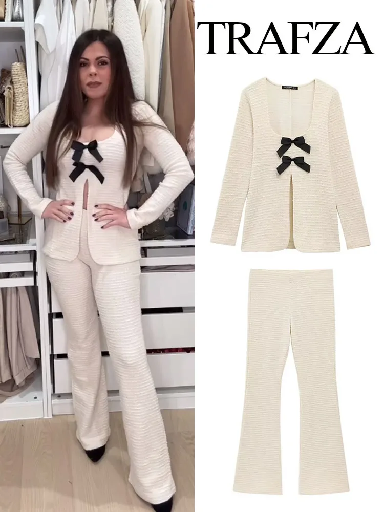 

TRAFZA Women Elegant Pants Suit Beige Texture Bow Hem Slit Decorate Square Collar Top+Fashion High Waist Leisure Trousers Mujer