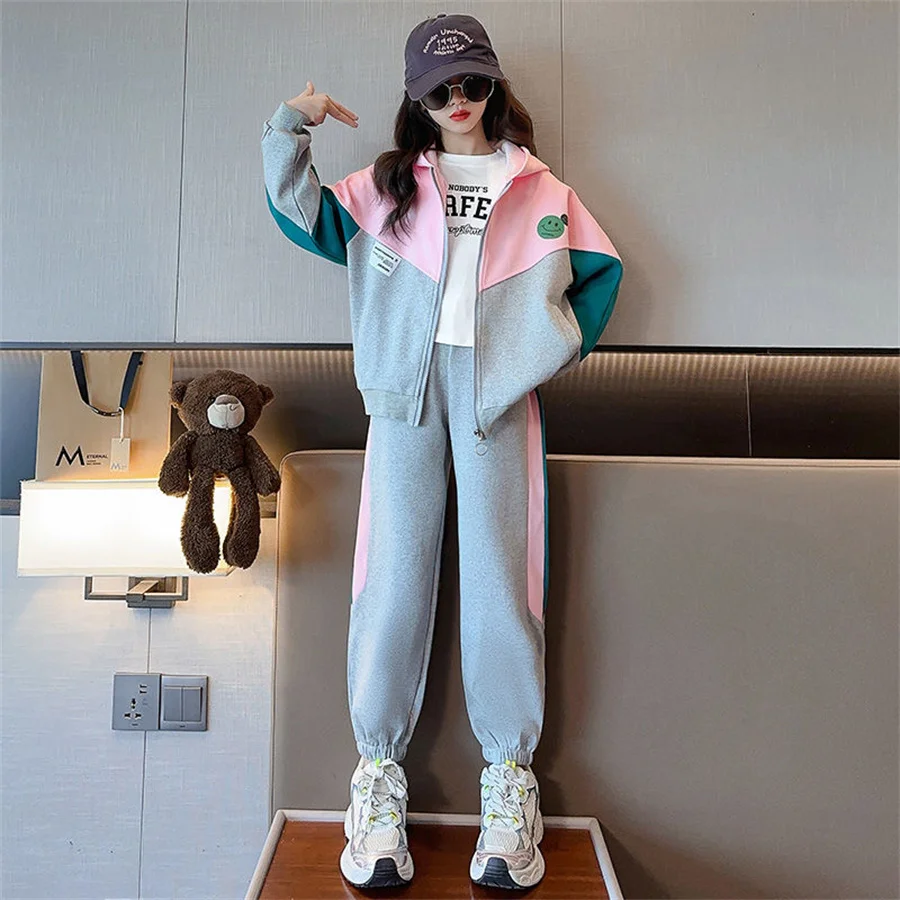 New Spring Autumn Teen Girls Clothing Sets Fashion Zipper Sweatshirt + Pants 2Pcs Outfits Kids Tracksuit 4 6 8 10 12 Years