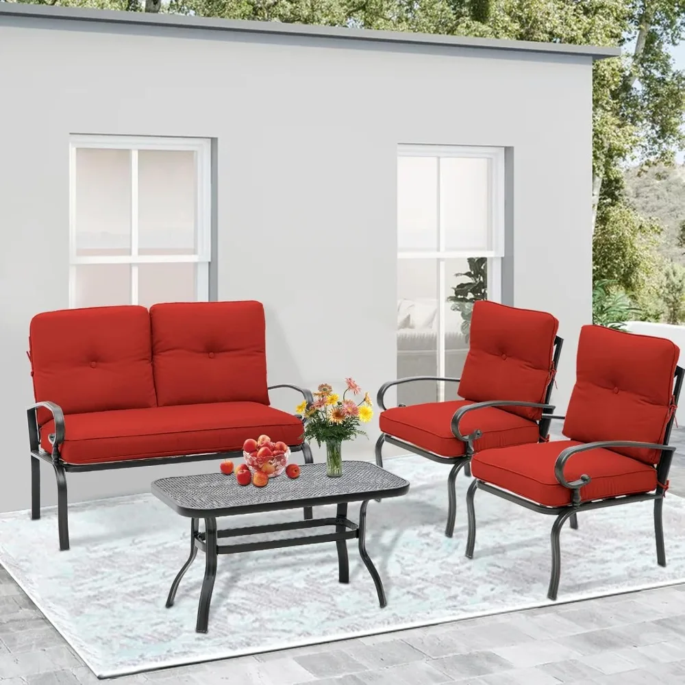 

Coffee Table With Cushion Cafe Furniture Set for Living Room Lawn Front Porch Garden 2 Single Chairs Red Mesas Tables Chair Shop