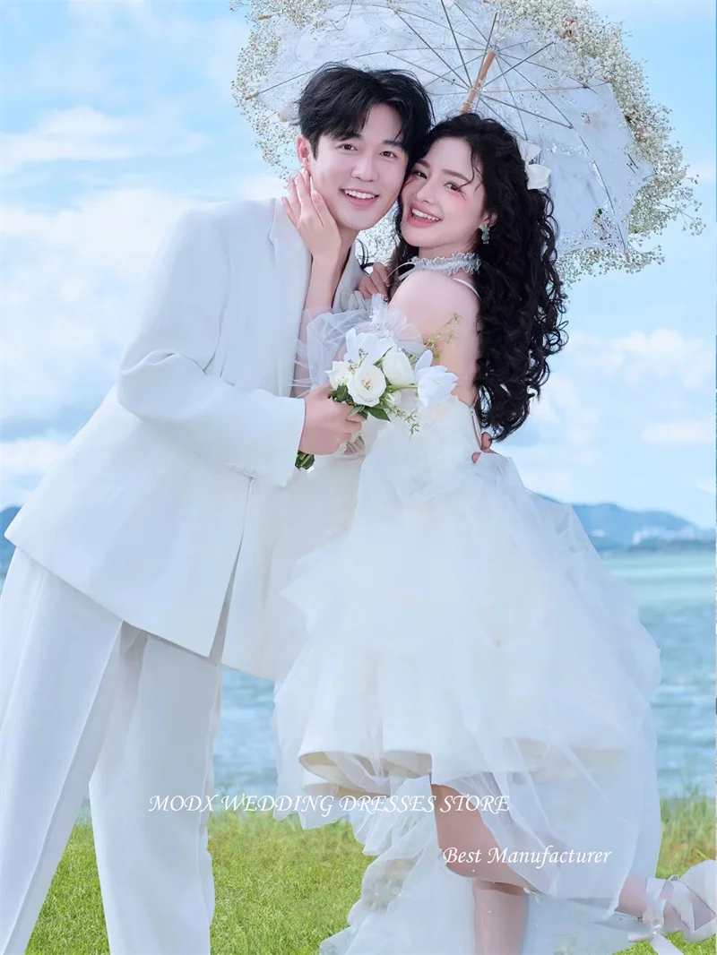 MODX الأميرة فساتين زفاف قصيرة كوريا التقطت الصور السباغيتي الأشرطة الحبيب رقيق زي العرائس نفخة الأكمام فستان عروس