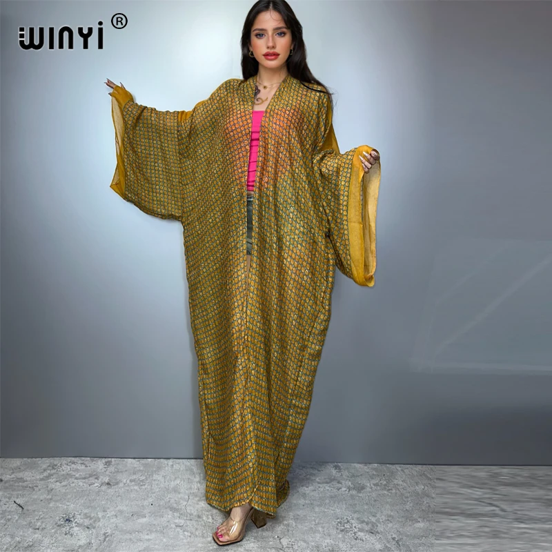 

WINYI bohemian print kimono retro kaftan beachwear maxi Cardigan long dresses abaya dubai luxury cover-ups beach outfit women