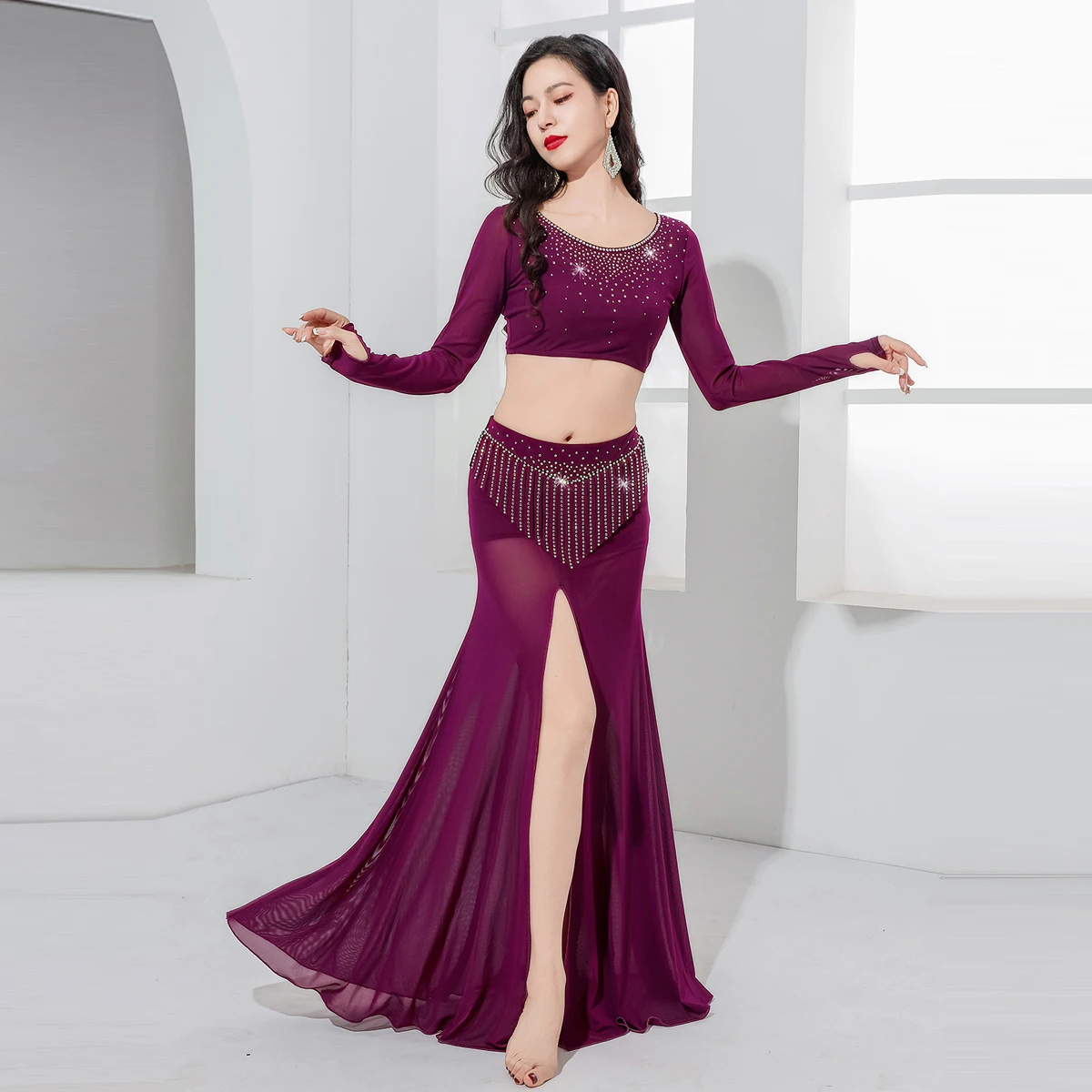 New BellyDance Set for Women's Mesh Long Sleeve Top+Sexy Tassel Long Skirt 2pcs Oriental Dance Belly Dance Performance Costume